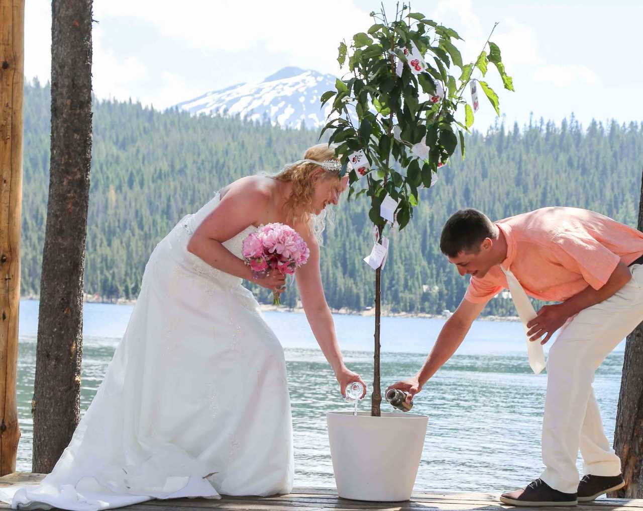 bride and groom watering a plant