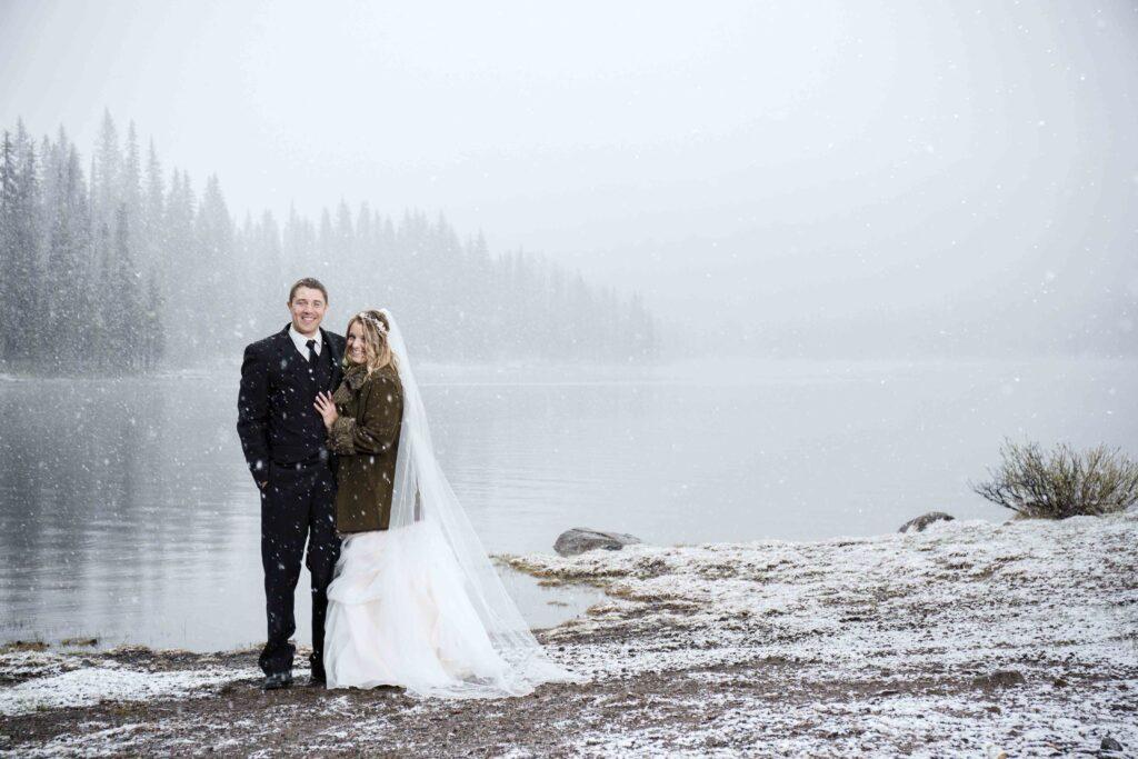 Bride and groom under the winter snow
